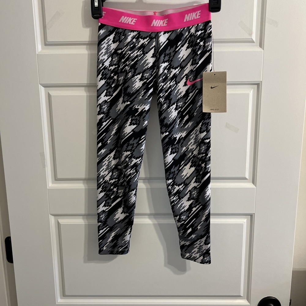 NWT Nike Girls Printed Leggings Black/Hyper Pink Size 6X L DM8224